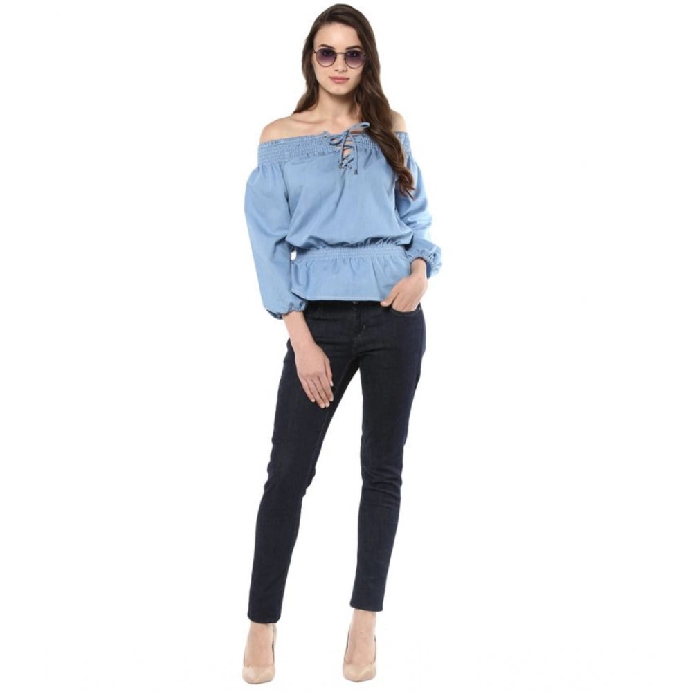 Blue denim 3/4 sleeves off-shoulder top, solid pattern