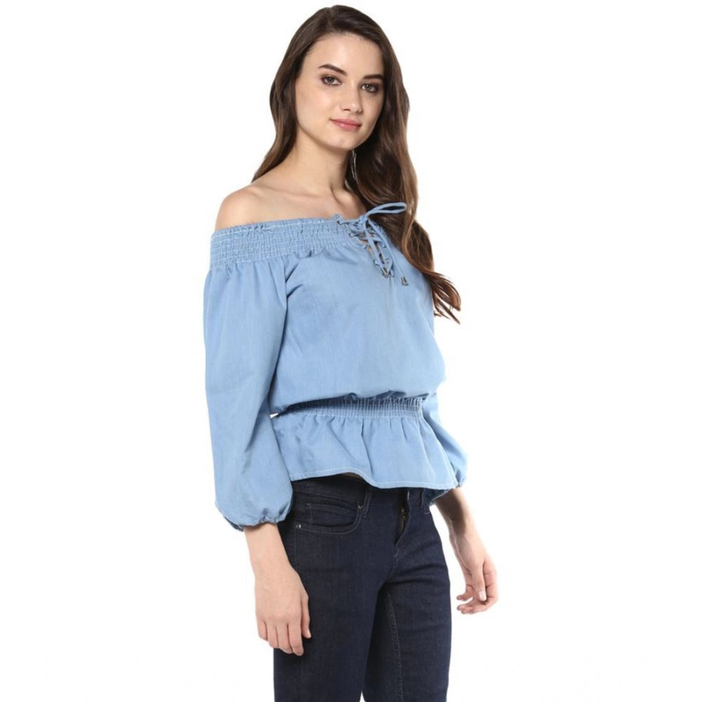 Blue denim women's 3/4th sleeves off-shoulder solid top, wearable casual fashion