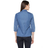 Blue denim women's 3/4 sleeve solid top, regular length