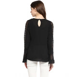 Black polyester georgette bell sleeve top with self-design, ideal for women's fashion