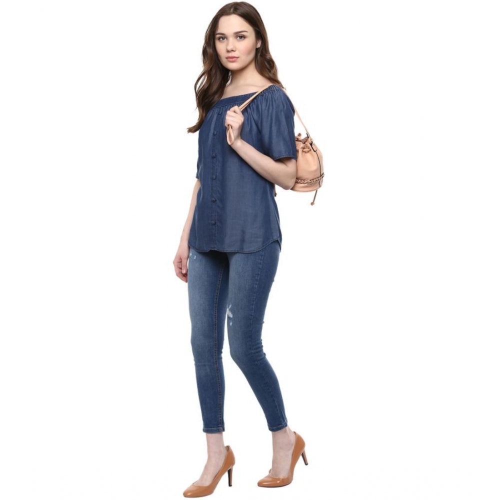 Blue cotton-based denim women's short sleeve solid off-shoulder top