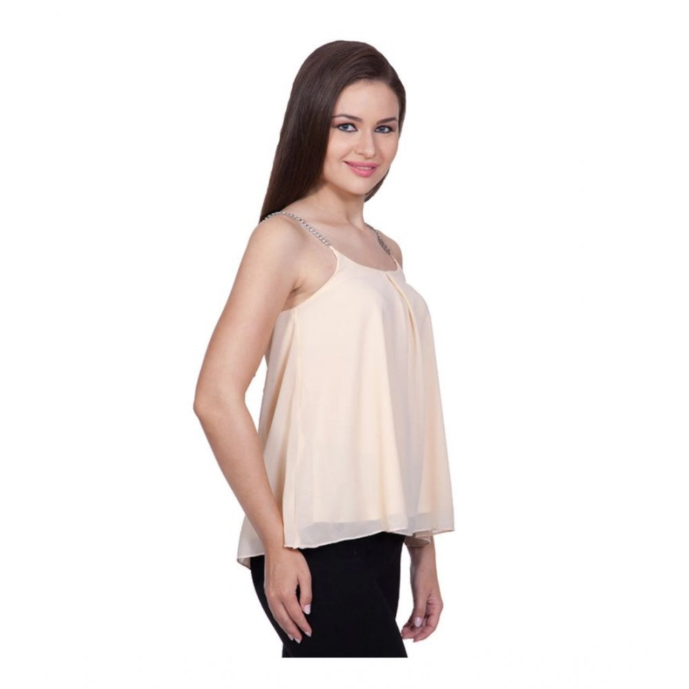 Beige polyester solid shoulder straps women's top, regular length with round neck
