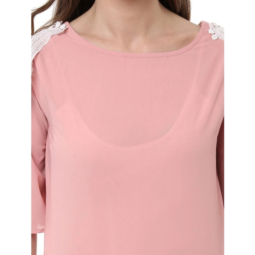 Women's pink polyester lace half sleeve top with round neck, lace inserts detail