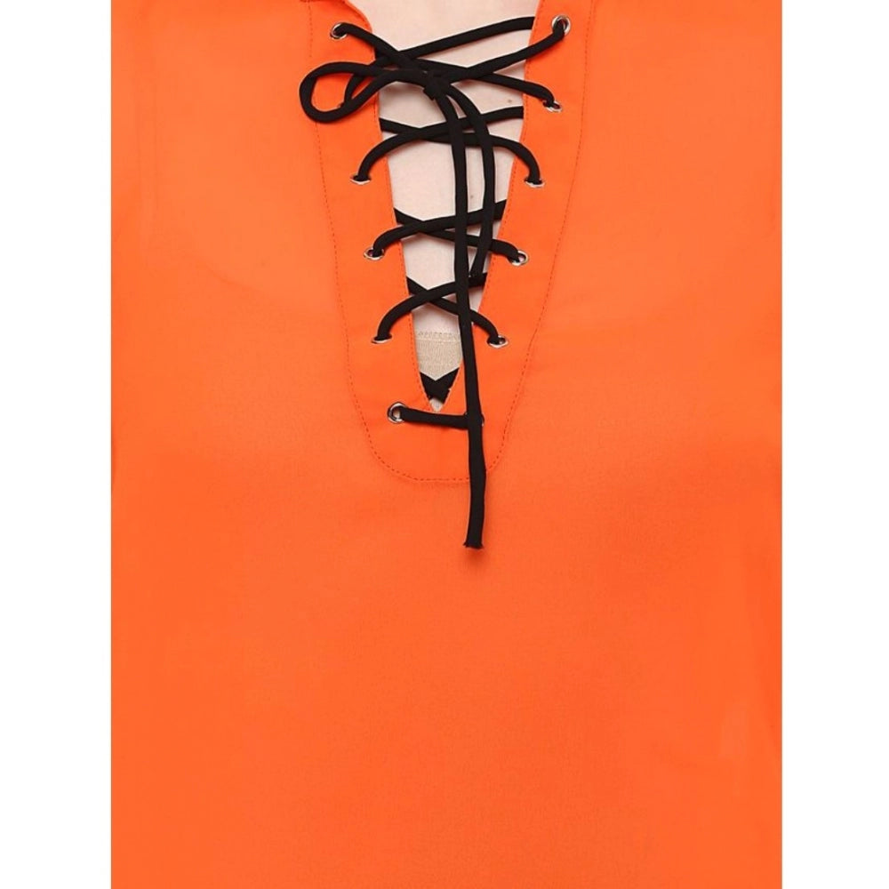 Orange polyester long sleeves women's top, solid design with mandarin collar and tie-up detail