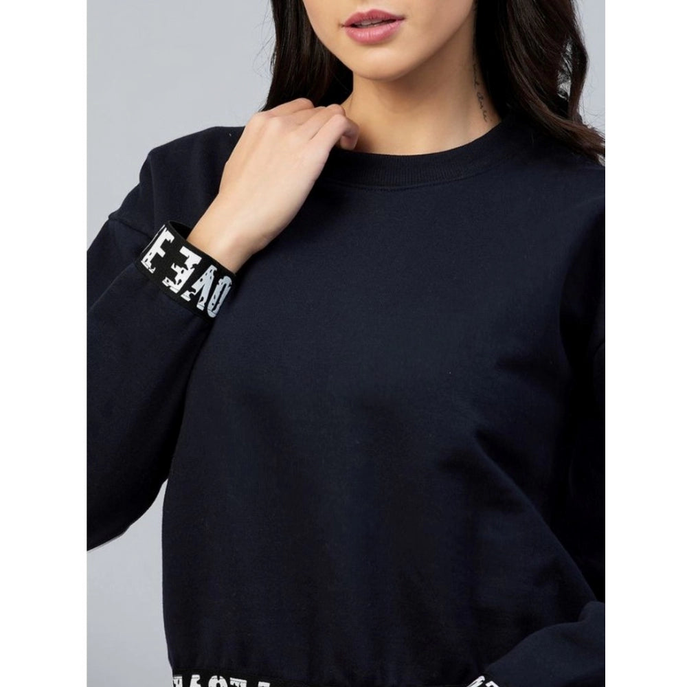 Navy Fleece Women's Solid Long-Sleeve Sweatshirt, round neck style on mannequin