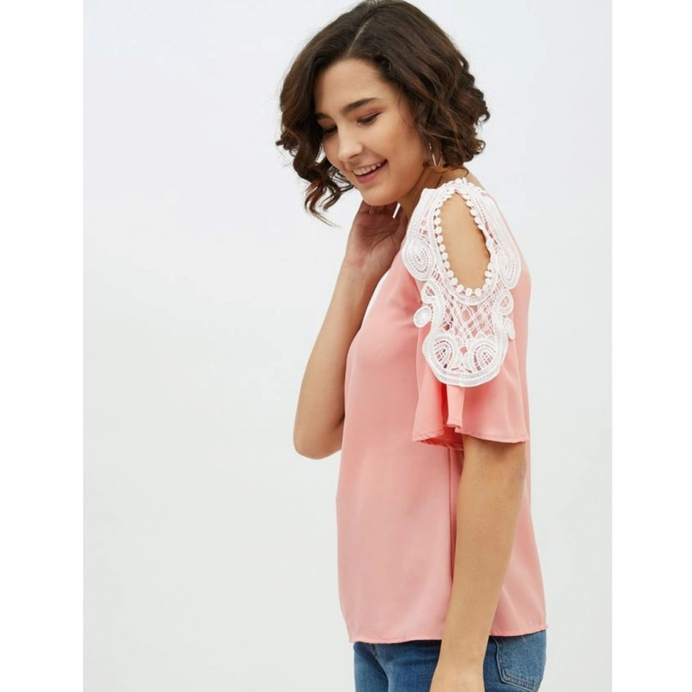 Pink polyester lace cold shoulder top with lace inserts, round neck