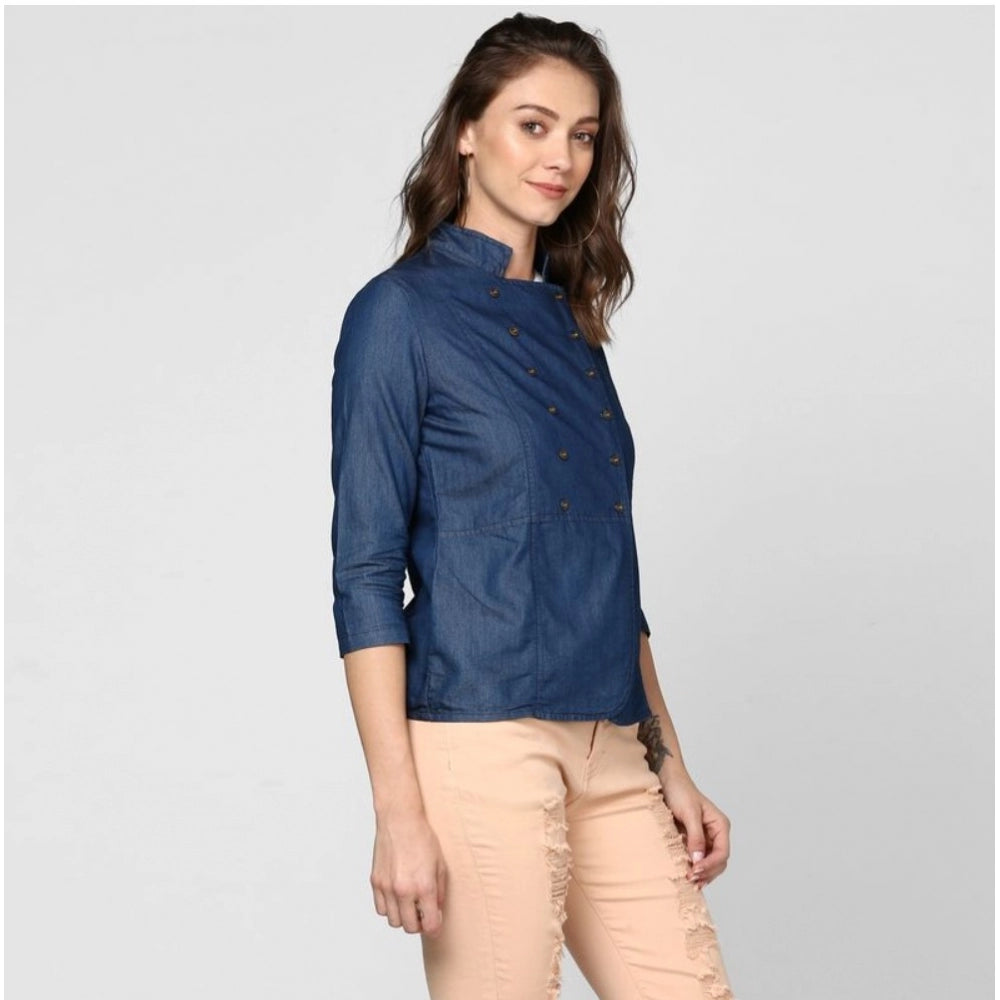 Blue denim 3/4 sleeves top with collar, solid pattern for women's fashion