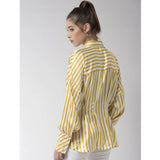Women's yellow polyester striped long-sleeve top - vibrant, stylish fashion wear on model