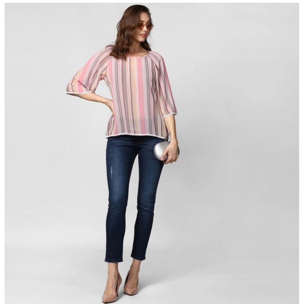 Women's pink polyester striped 3/4th sleeves top, stylish round neckwear for casual wear