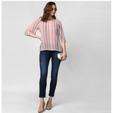 Women's pink polyester striped 3/4th sleeves top, stylish round neckwear for casual wear