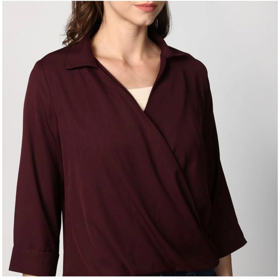 Maroon polyester solid 3/4th sleeves top for women, close-up image