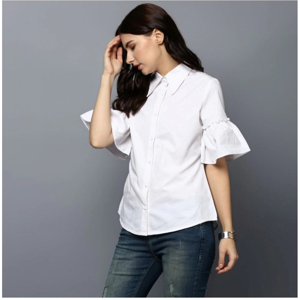 Women's white cotton solid bell sleeve top with collar, perfect for casual wear