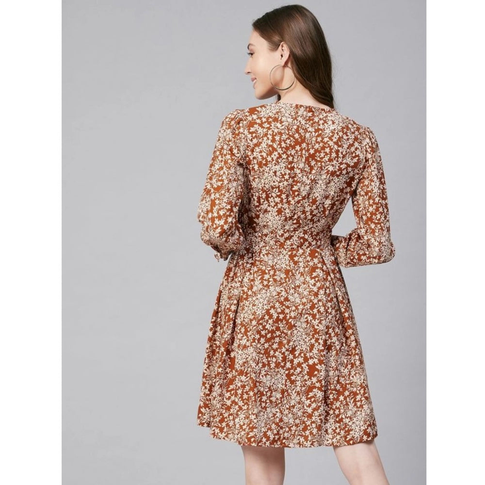 Rust polyester women's long sleeves above knee dress