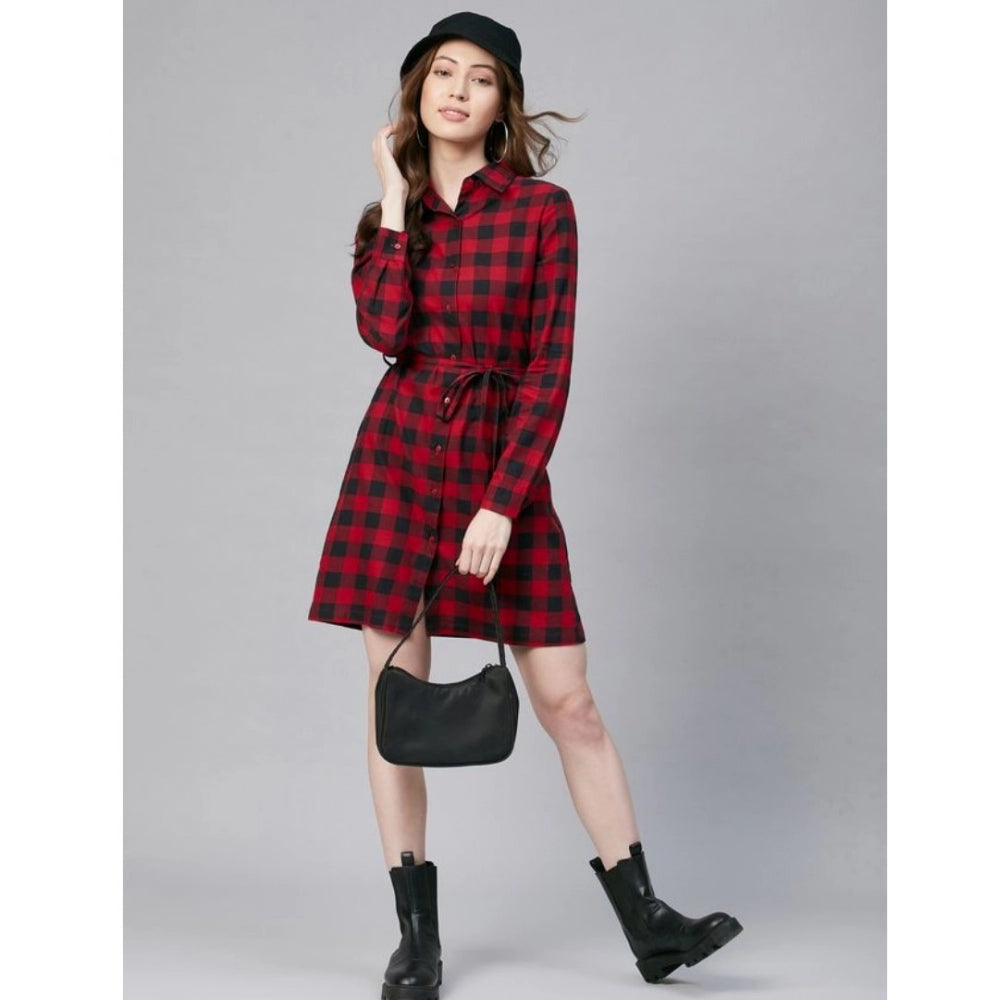 Black cotton checkered long sleeve dress with a zip closure