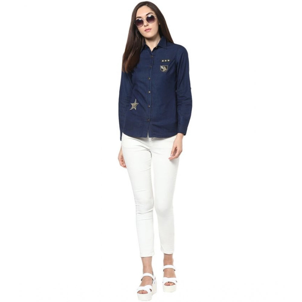 Blue denim patchwork long-sleeve shirt, standard length for women's casual wear
