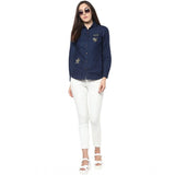 Blue denim patchwork long-sleeve shirt, standard length for women's casual wear