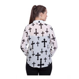 White polyester printed long sleeves shirt, vibrant design on display stand