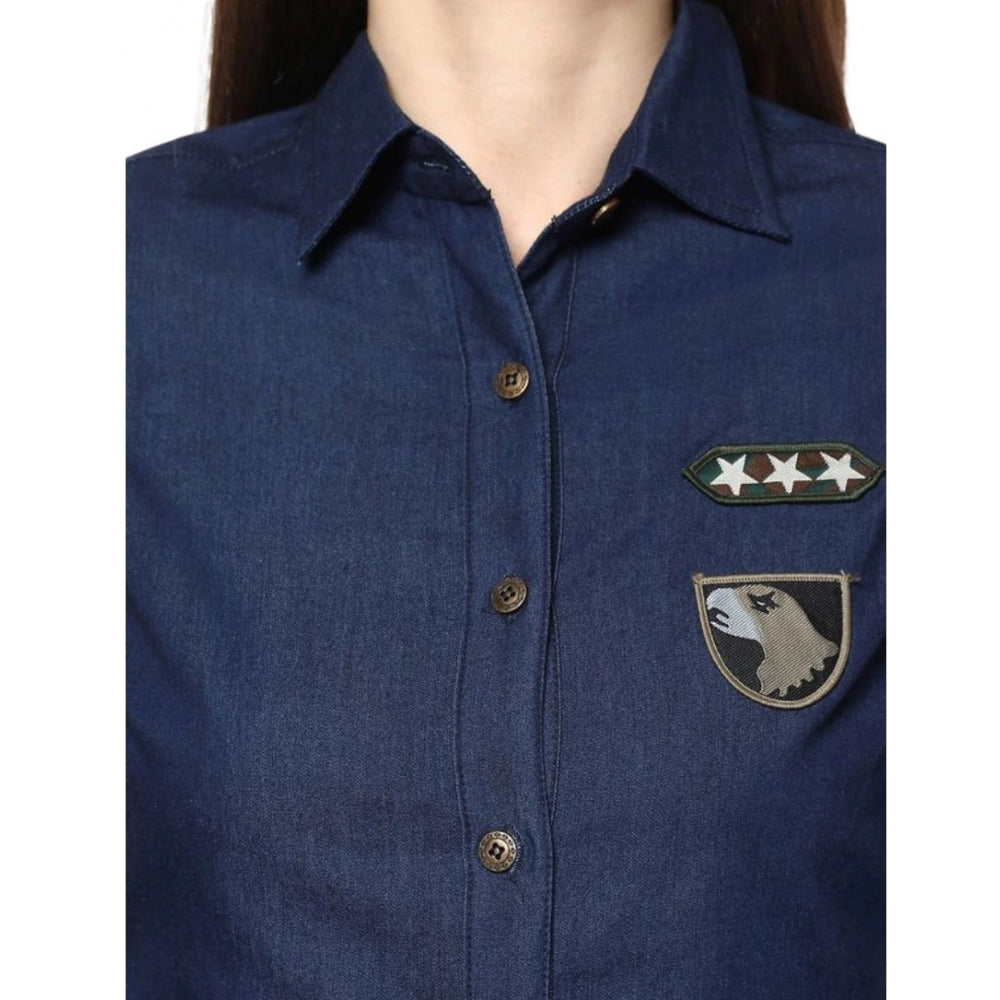 Blue denim patchwork long-sleeve shirt for women on hanger