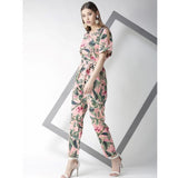 Pink floral print polyester jumpsuit, sleeveless, half sleeve
