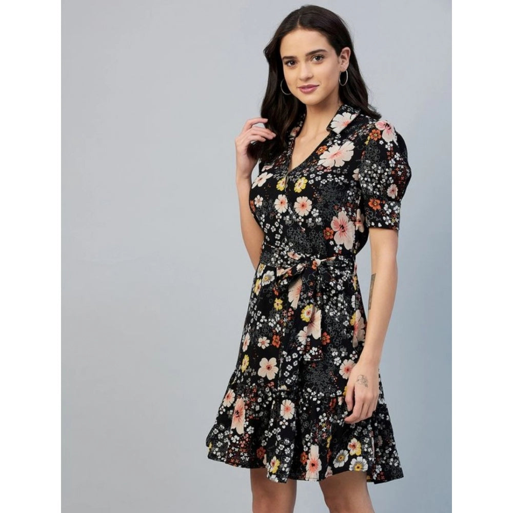 Womens polyester floral short sleeve dress, black