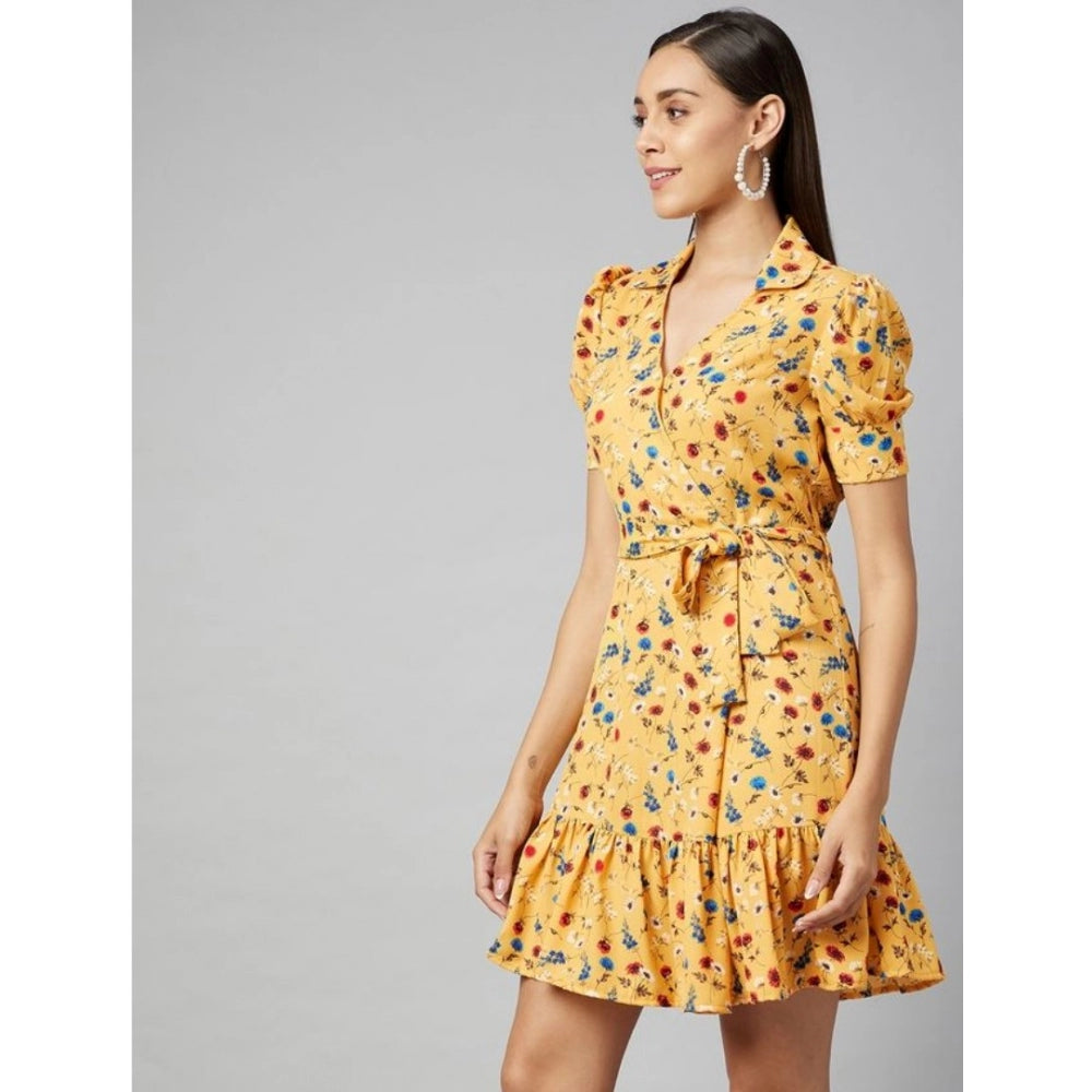 Yellow polyester floral short sleeve above knee dress for women