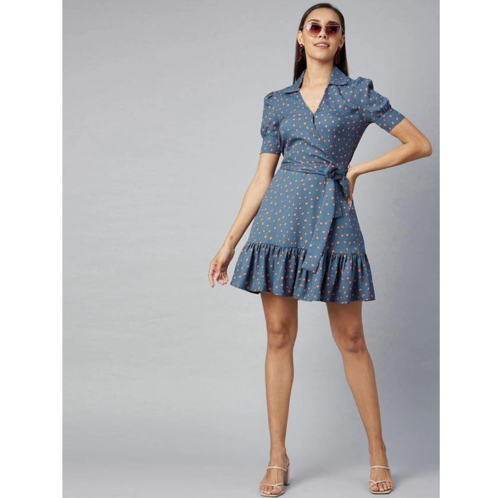 Grey polyester polka dot above-knee dress with short sleeves