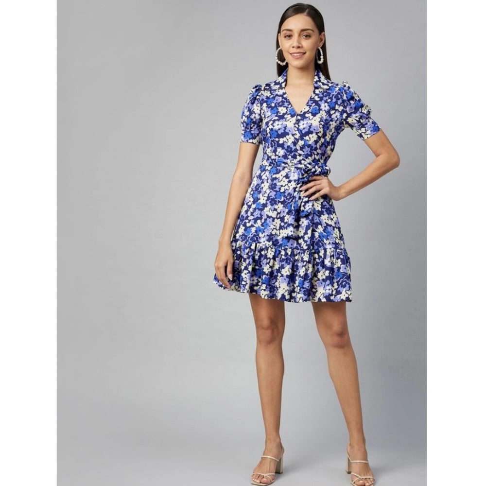 Women's short sleeve floral dress in blue polyester, purple trim