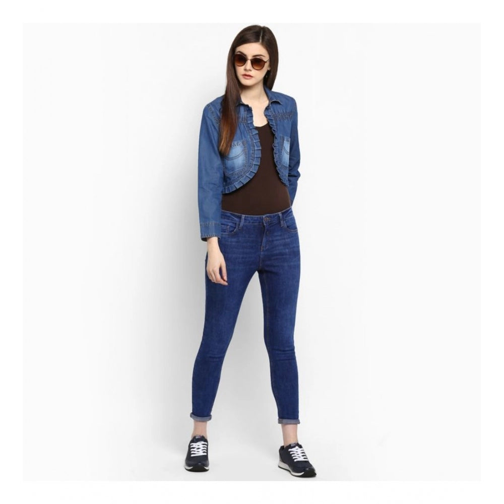 Blue denim pleated 3/4th sleeves shrug for women's fashion