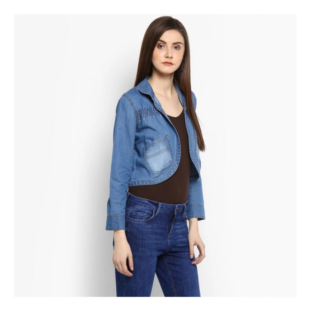 Blue denim smocking 3/4 sleeve shrug, intricate detailing on collar and sleeves