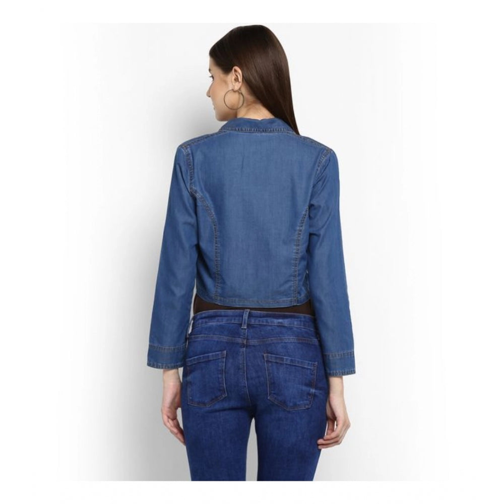 Blue denim solid 3/4th sleeves shrug for women, casual fashion accessory on mannequin