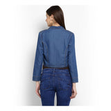 Blue denim solid 3/4th sleeves shrug for women, casual fashion accessory on mannequin