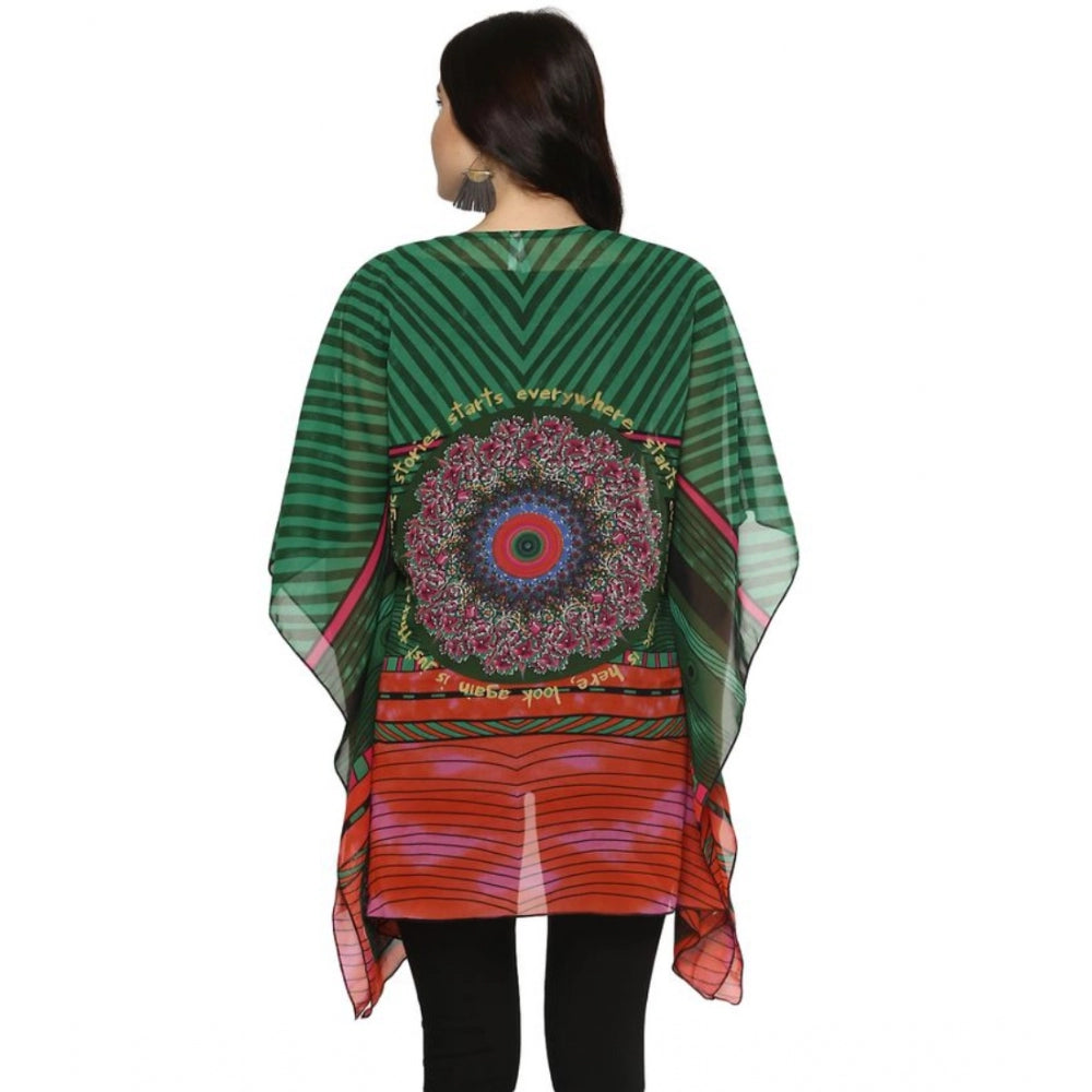 Green & multicolor polyester printed kaftan sleeve shrug for women, vibrant pattern detail