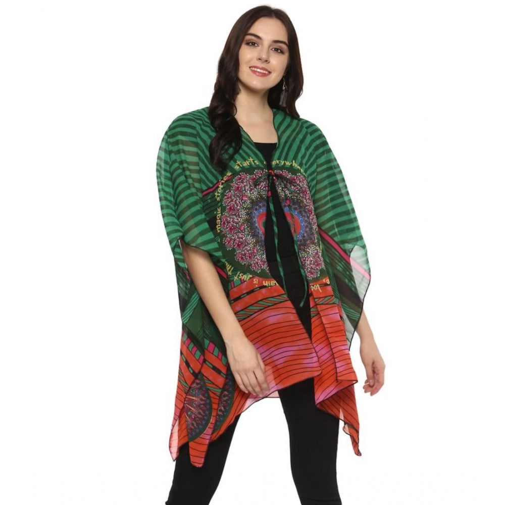 Green & multicolor printed polyester kaftan sleeve shrug for women, vibrant pattern on display