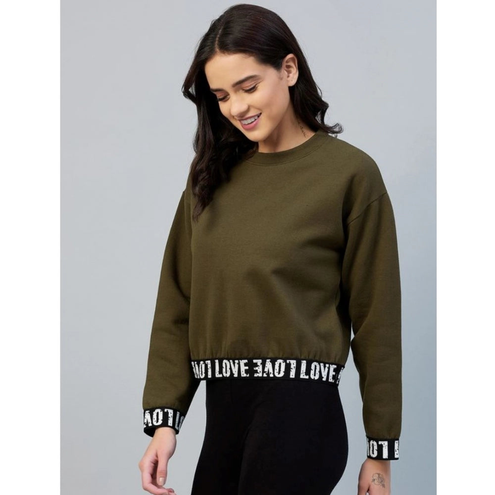 Olive fleece women's long-sleeve solid sweatshirt for cold weather, round neck design