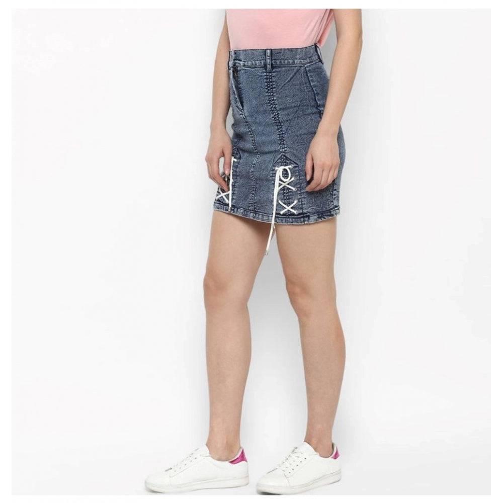 Women's Denim Tie Up Buttoned Skirt (Blue) - GillKart
