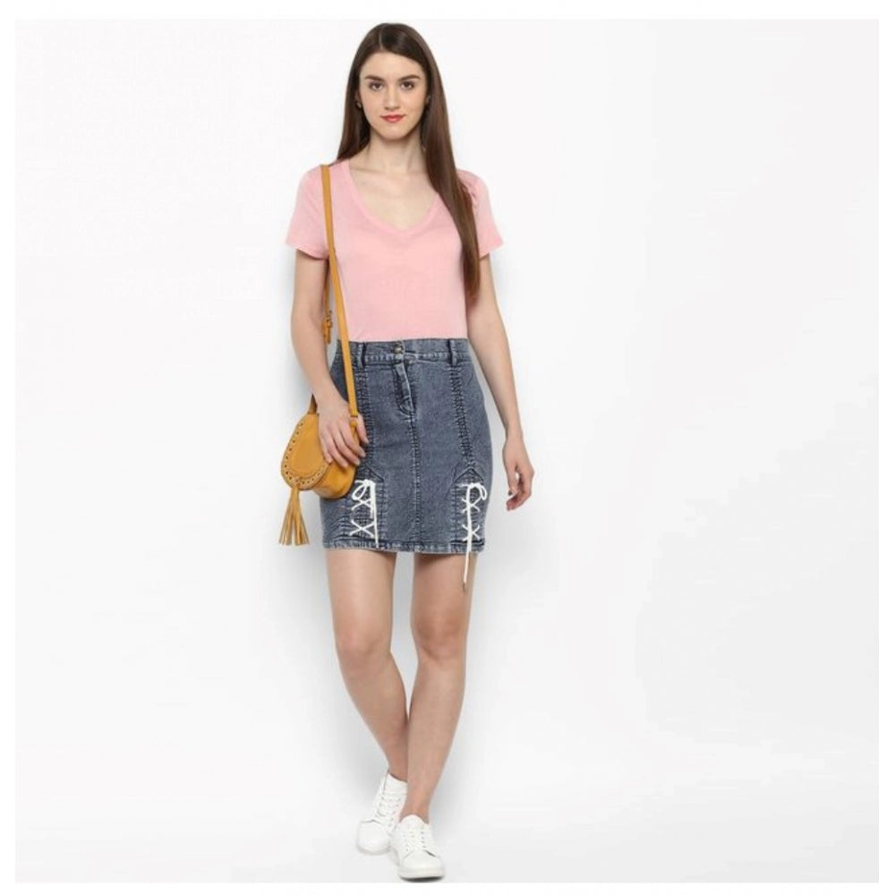 Women's Denim Tie Up Buttoned Skirt (Blue) - GillKart