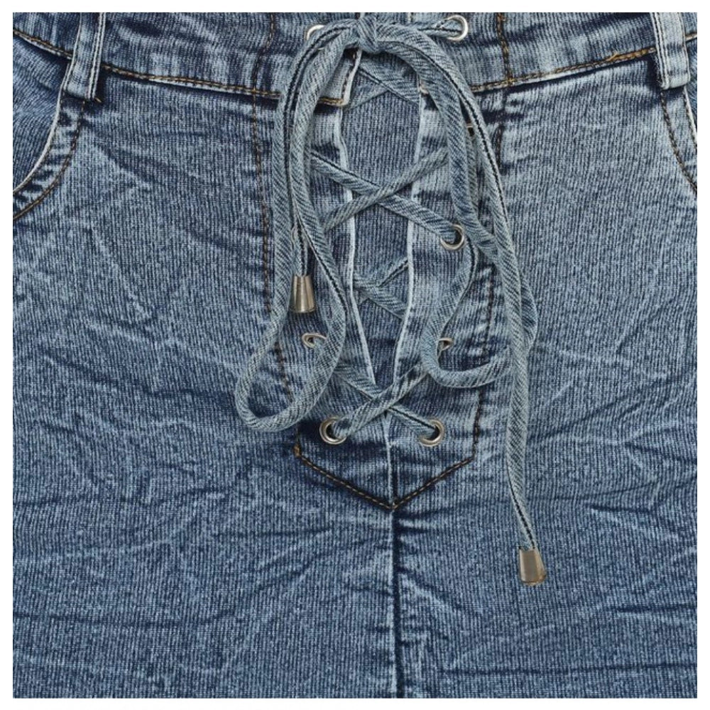 Blue denim drawstring skirt with buttoned waist, casual clothing accessory