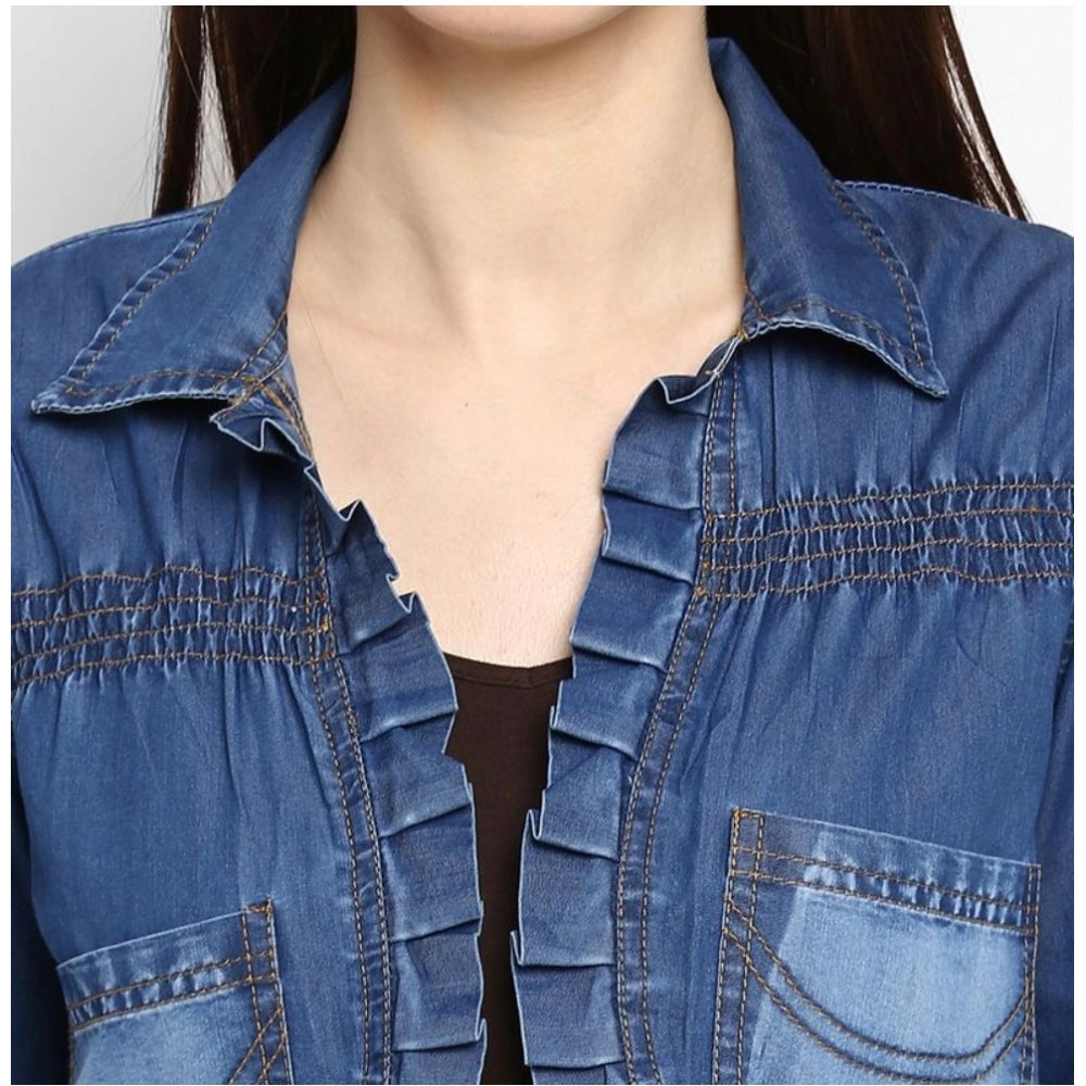 Blue denim pleated 3/4 sleeves shrug for women, casual fashion wear with collar neckline