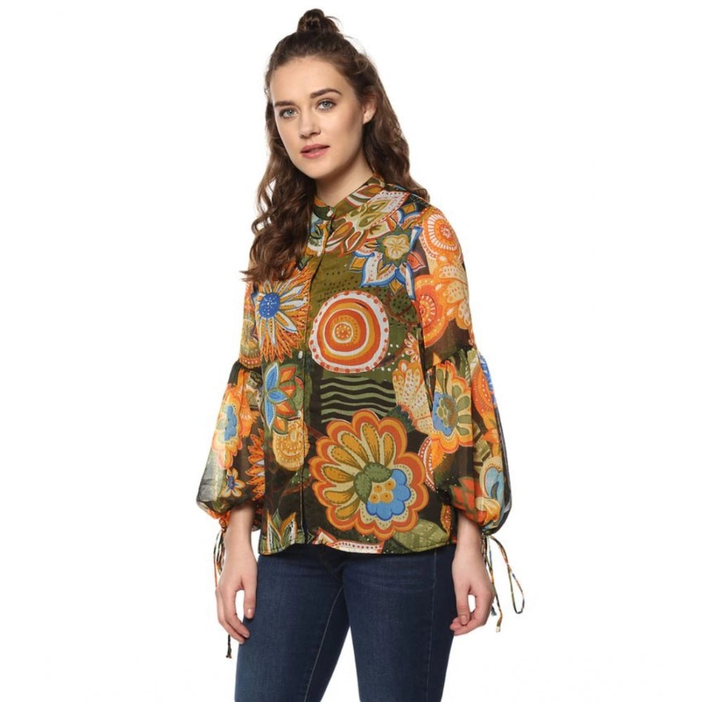 Mustard & Olive polyester balloon sleeve top with floral pattern, suitable for women's fashion