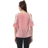 Women's pink polyester lace half-sleeve top with round neck, features lace inserts
