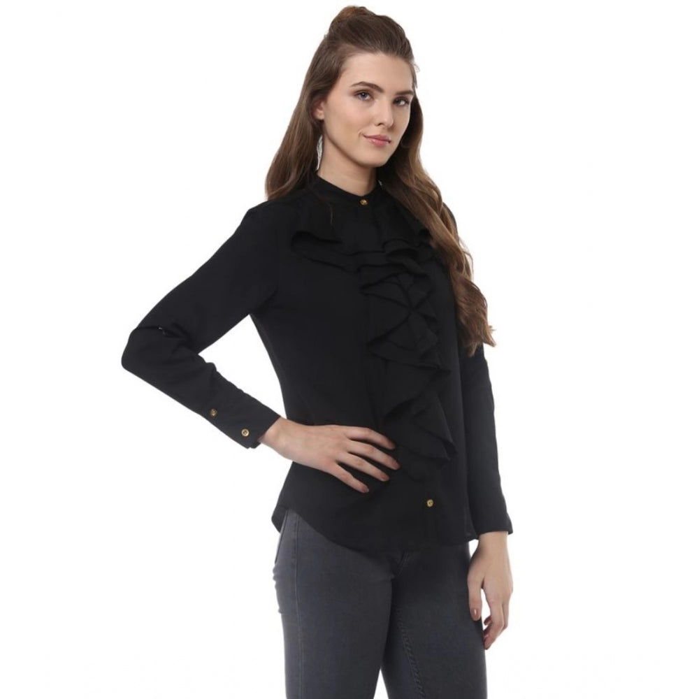 Black polyester ruffled long sleeves top with closed neck, fashionable women's attire for casual wear