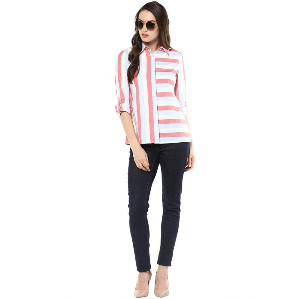 Red striped cotton roll-up sleeve top for women, casual wear