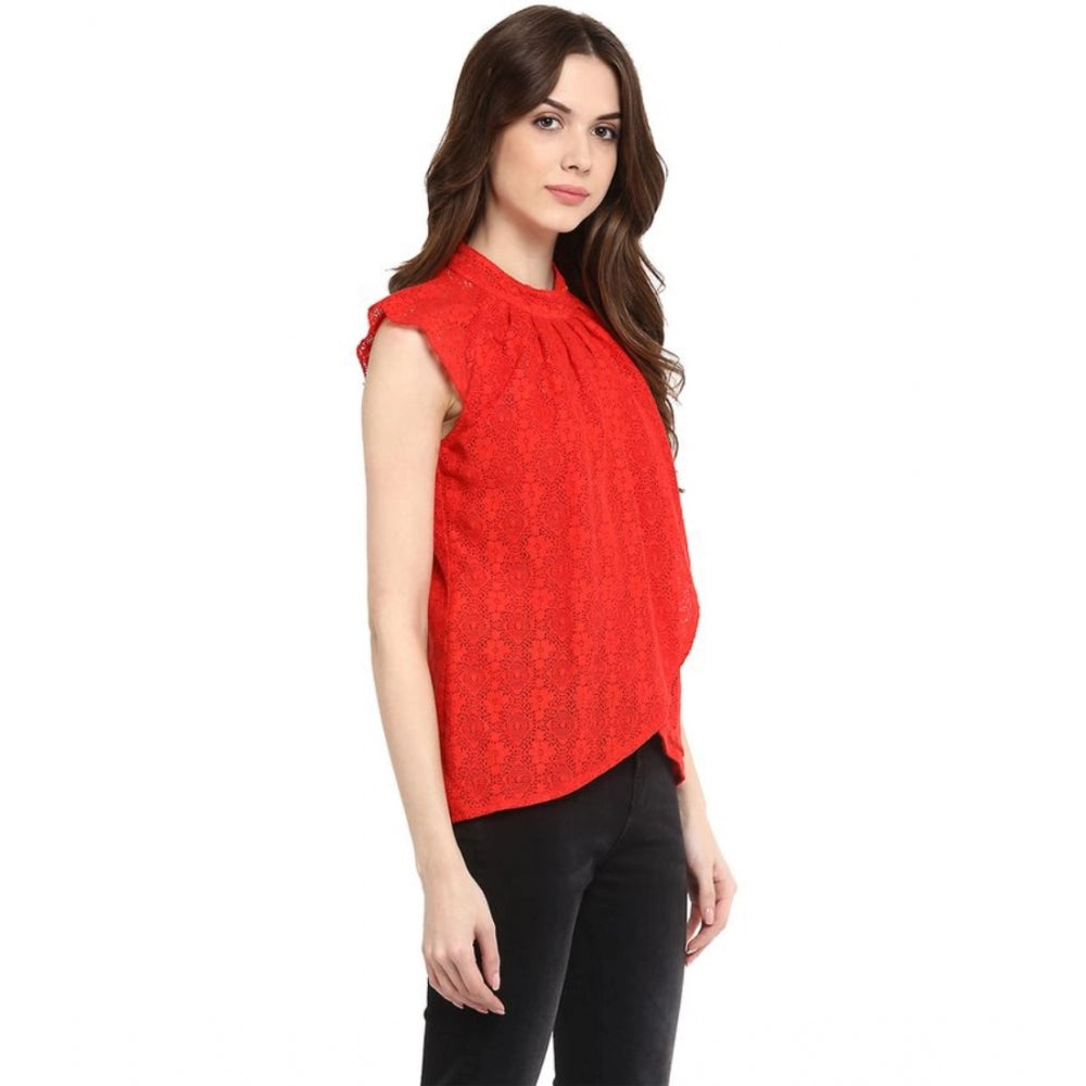 Red cotton lace embellished cap sleeve women's top with mock neck, suitable for casual wear