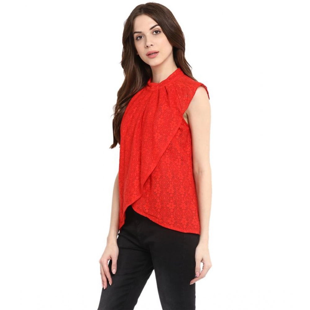 Red cotton lace embellished cap sleeve regular top for women, mock neck style on mannequin