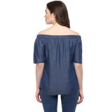 Blue denim women's solid short-sleeve regular top with off-shoulder neck, cotton-based material