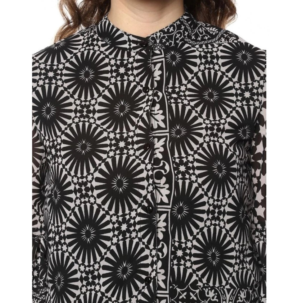 Black & White printed balloon sleeve top on model, polyester material