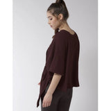 Maroon polyester solid cape sleeve top for women, vibrant solid-color fashion top