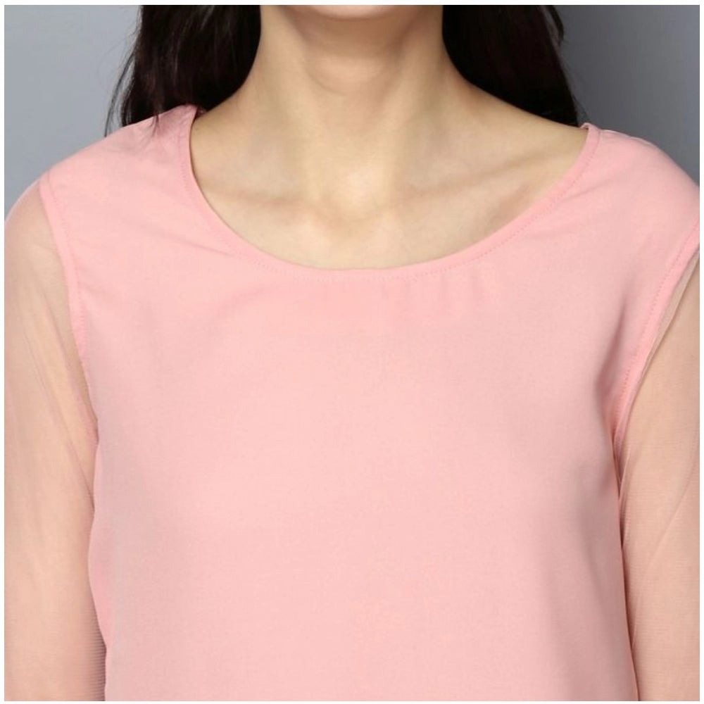 Women's pink polyester solid tier sleeve top, round neck, fashionable wardrobe essential