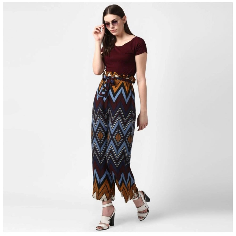 Multicolor polyester chevron elasticated trousers for women, vibrant chevron pattern on stretchy waist