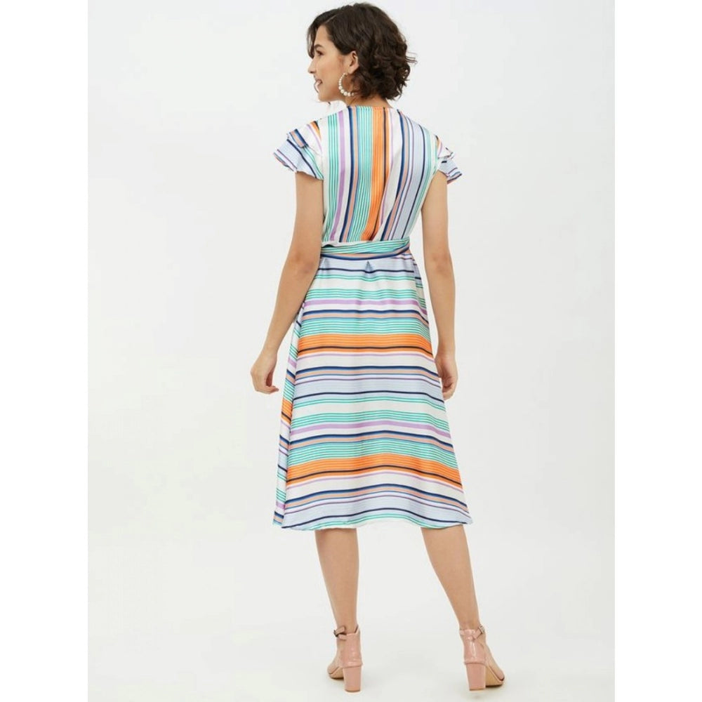 Womens multi-colored striped satin short sleeve knee-length dress